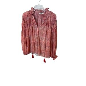 Haute Hippie Paisley Print Ruffle Neck Tassel‎ Tie Blouse Top XS